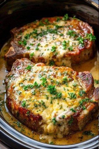 Costeletas de porco cobertas com batatas ao molho.