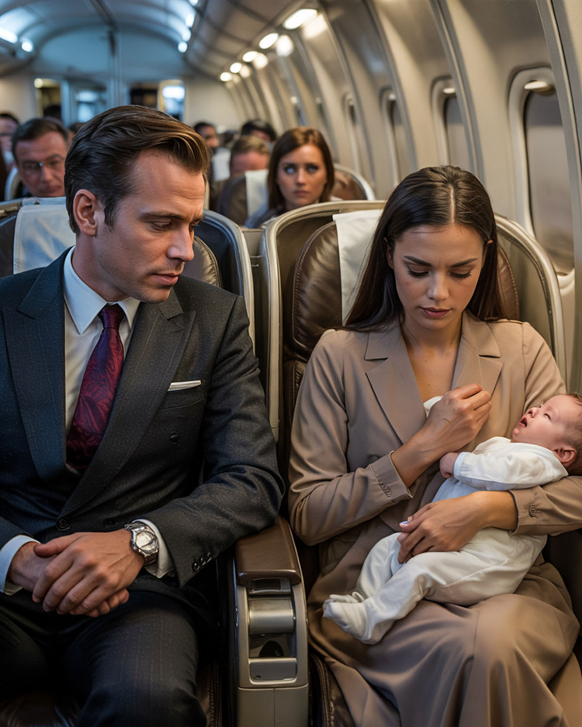 Um passageiro de primeira classe zomba de uma mãe com um bebê chorando, sem saber que está sabotando o próprio destino.
