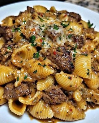 Cubos de carne com manteiga de alho e conchas cremosas de parmesão