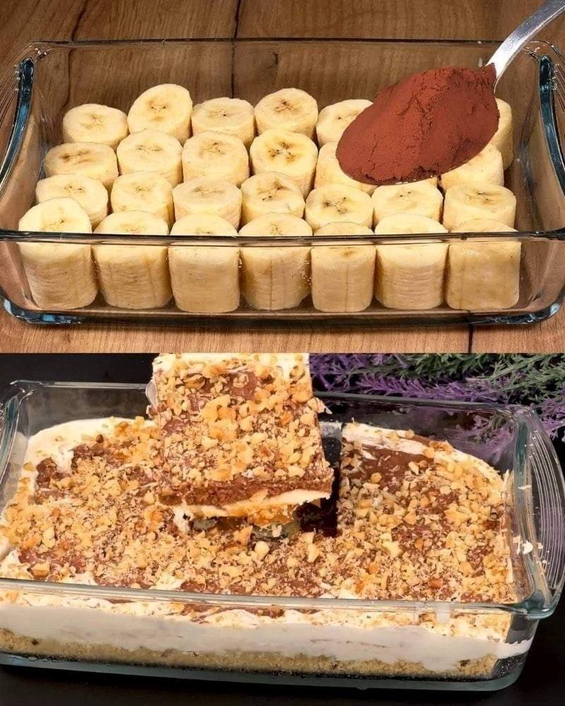 Bolo de biscoito com gotas de chocolate e banana