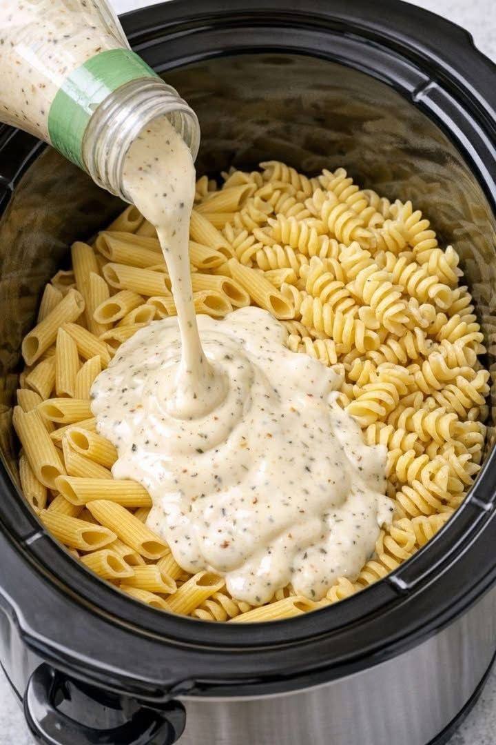 Despeje este molho italiano cremoso pronto e apenas mais 3 ingredientes sobre a massa na panela elétrica para um jantar fácil com sabor de molho feito na hora.