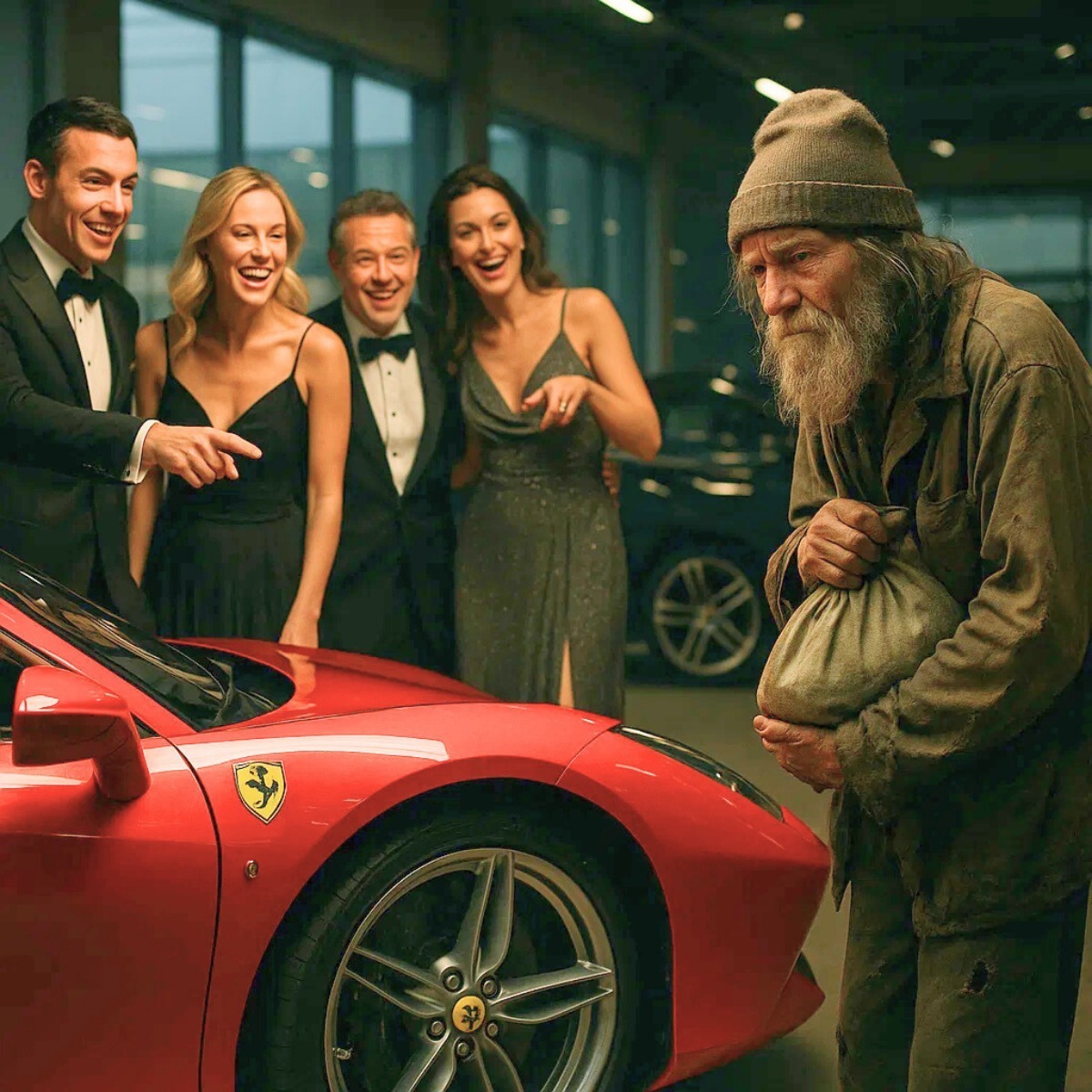 Viejo hambriento, ¡te doy mi Ferrari si logras encenderla! —gritó Julián Arce entre carcajadas, señalando con burla frente a todo