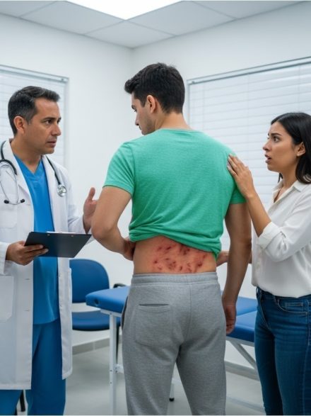 Encontré docenas de pequeñas manchas rojas en la espalda de mi esposo; parecían huevos de insecto. Minutos después, el médico palideció y dijo: «Llamen a la policía. Ya».