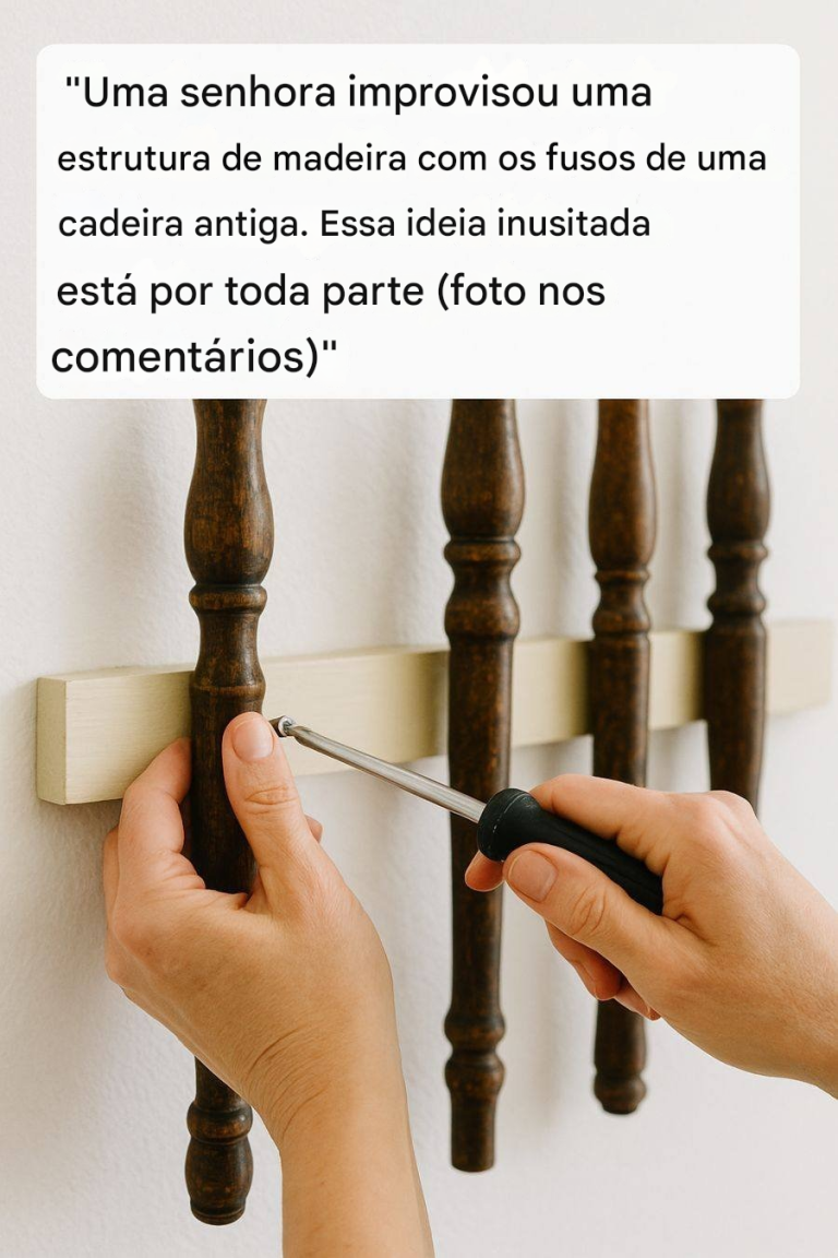 Uma mulher fixa os fusos de uma cadeira antiga com uma tábua de madeira. Essa ideia inusitada está por toda parte.