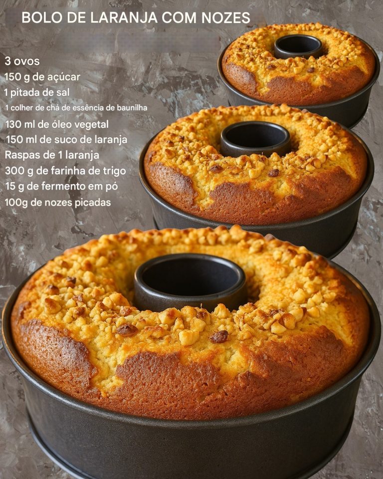 Estou compartilhando a receita de bolo de laranja com nozes.