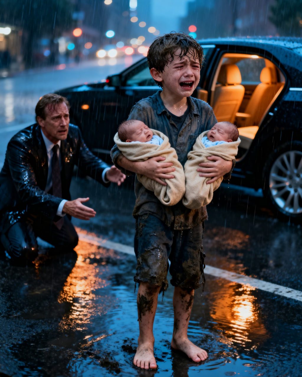 Um bilionário viu uma criança na chuva segurando dois bebês gêmeos, e o que ele descobriu o comoveu mais do que toda a sua fortuna.
