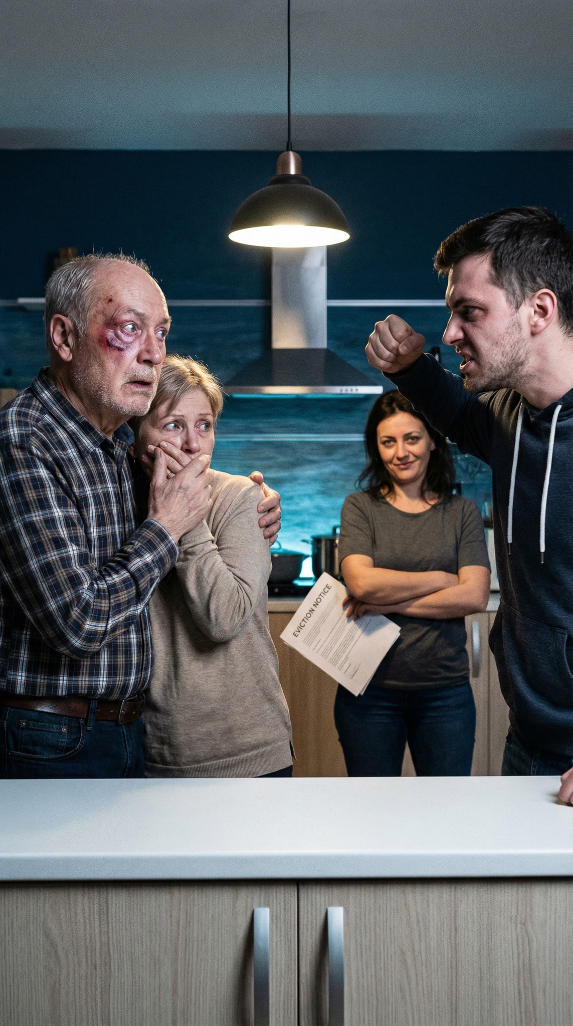 Entreguei a empresa ao meu filho como o último presente da minha vida. Um mês depois, ele me retribuiu com hematomas e um aviso de despejo. “Pai, mãe, saiam daqui”, rosnou ele, olhando para a esposa como se esperasse um sinal. Ela curvou os lábios: “Jogue-os na favela. Eles vão desaparecer lá.” O soco acertou em cheio — meus olhos brilharam em branco. Aos oitenta e dois anos, dormi no concreto… e permaneci em silêncio de propósito. Porque ele nunca leu a cláusula que eu escondi naqueles papéis… e amanhã, vou recuperar tudo o que ele pensa que é dele.